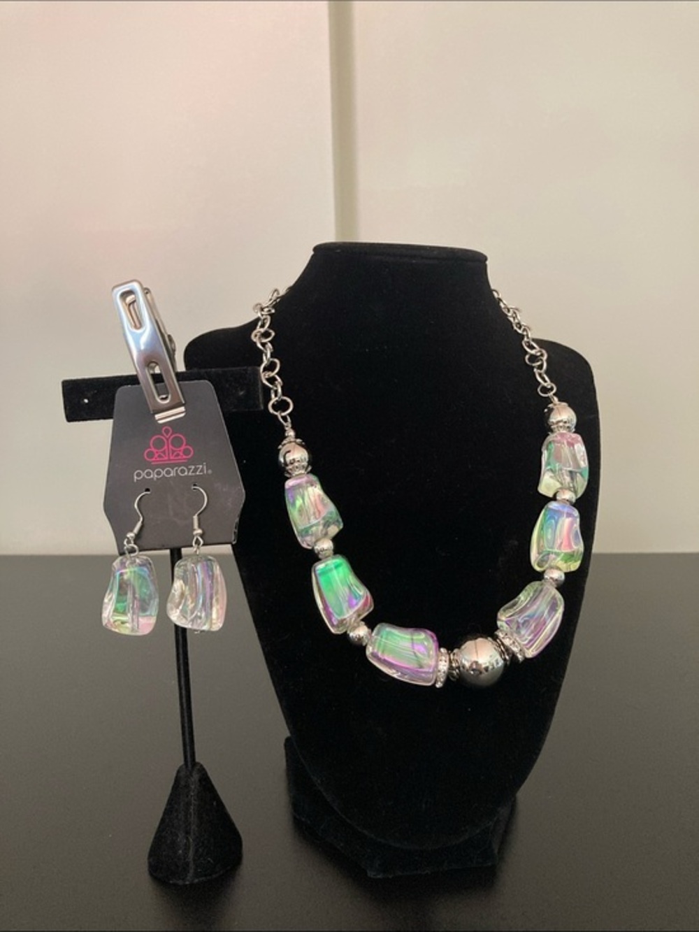 paparazzi Iridescent Glass Bead Necklace and Earrings - Green Purple Pink Hues